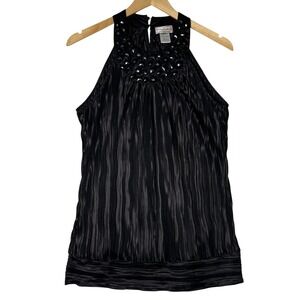 Womens Black Embellished Halter Tank Top Size XL Textured Pleated Holiday Party